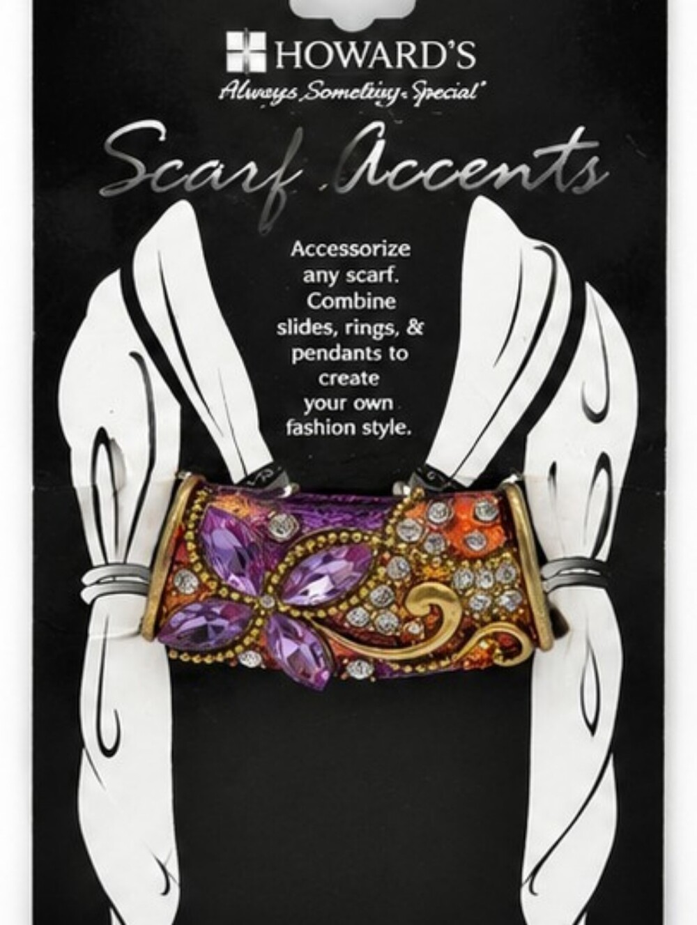Howard's NOS Purple Glass Rhinestone Enamel Scarf Slide Ring Shawl Holder 2"